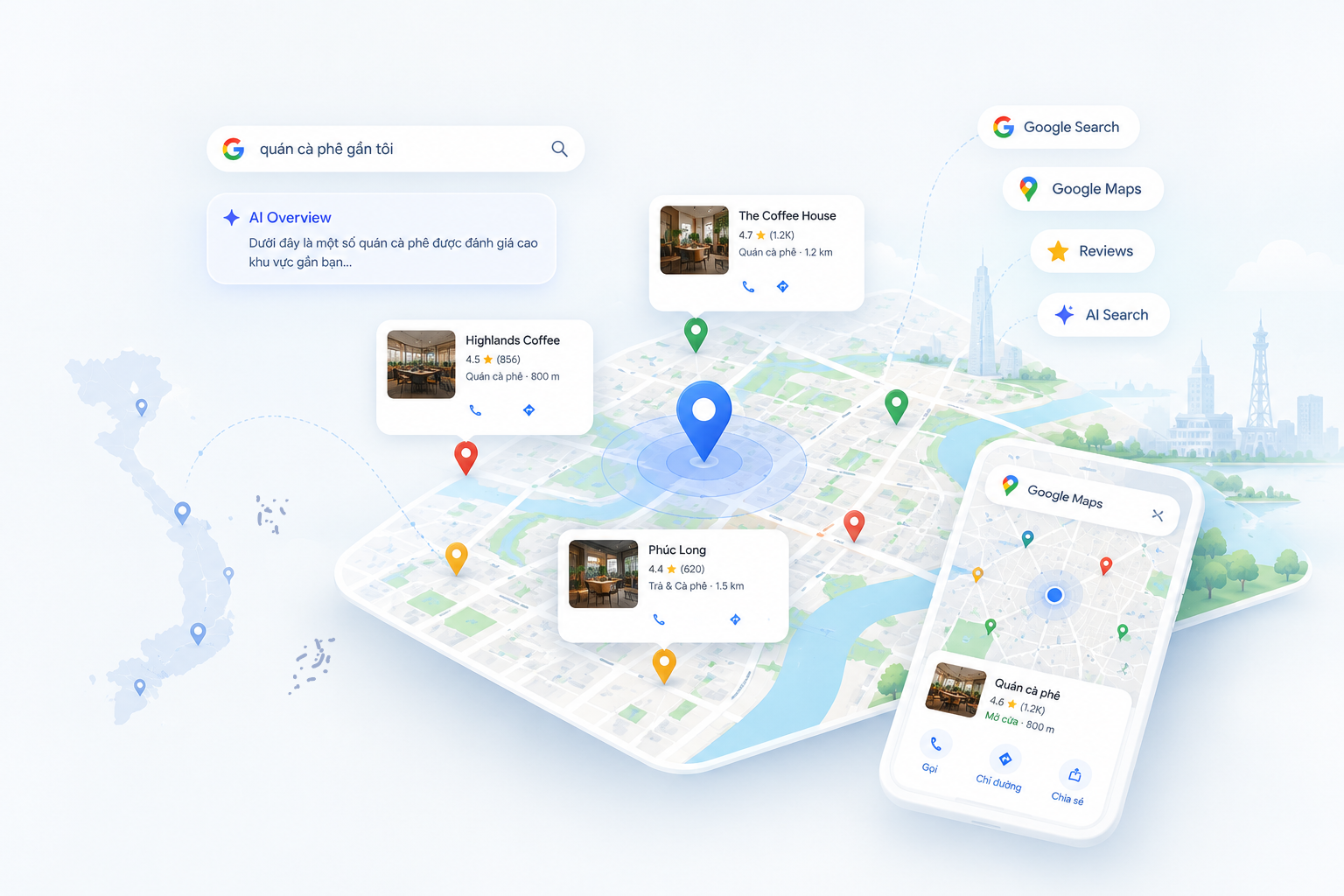 Bản đồ Location và hệ sinh thái dịch vụ vận hành Local SEO, Google Maps, Google Reviews và AI Search của LOCUS tại Việt Nam.
