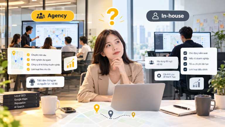 So sánh tự làm, thuê Agency Local SEO và lập đội in-house để vận hành Google cho chuỗi: ưu nhược điểm, khi nào chọn cách nào và câu hỏi cần hỏi trước khi thuê.