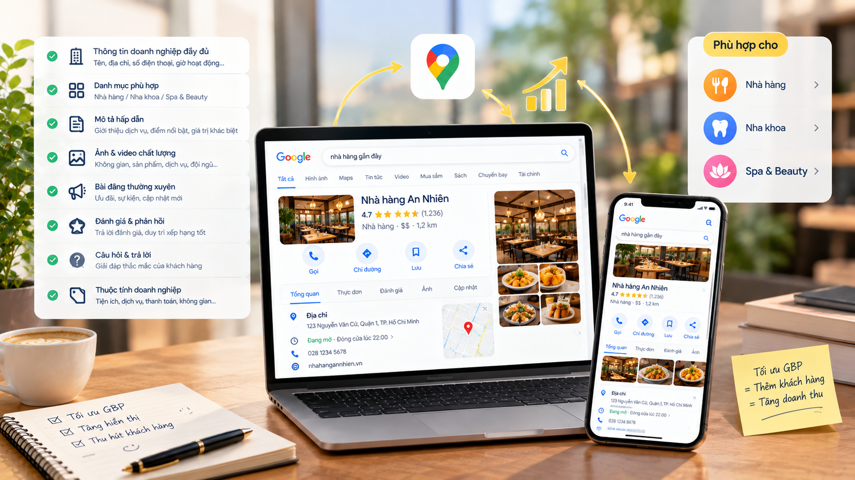 Tối ưu Google Business Profile là làm cho hồ sơ địa điểm đầy đủ, chính xác và khớp với điều khách tìm: xác minh hồ sơ, đặt tên đúng thực tế, chọn danh mục phù hợp, điền địa chỉ, giờ mở cửa, dịch vụ hoặc thực đơn, thêm ảnh thật, quản lý đánh giá và giữ thông tin cập nhật.