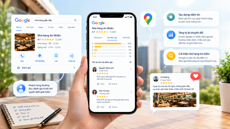 Google Reviews ảnh hưởng đến địa điểm theo hai hướng. Với khách, điểm sao, số lượng, độ mới, nội dung đánh giá và cách chủ địa điểm phản hồi là bằng chứng giúp họ quyết định có chọn hay không.