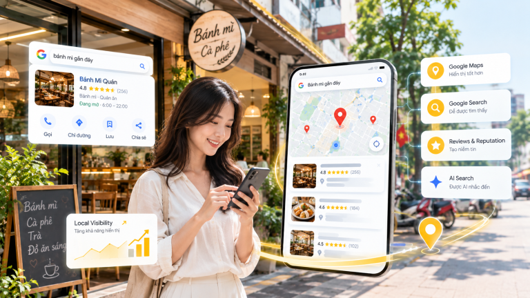 Local SEO là việc tối ưu để một địa điểm kinh doanh xuất hiện khi khách tìm kiếm gần khu vực hoặc theo nhu cầu tại chỗ, trên Google Maps, Google Search và ngày càng nhiều trong câu trả lời của AI.