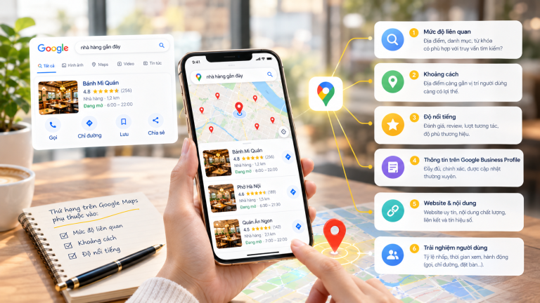 Google Maps xếp hạng địa điểm chủ yếu dựa trên ba yếu tố: mức độ liên quan (hồ sơ khớp với điều khách tìm), khoảng cách (địa điểm cách người tìm bao xa) và mức độ nổi bật (địa điểm được biết đến và tin cậy đến đâu).