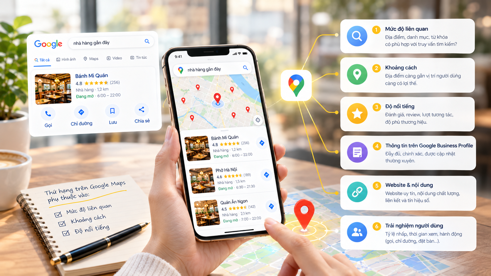 Google Maps xếp hạng địa điểm chủ yếu dựa trên ba yếu tố: mức độ liên quan (hồ sơ khớp với điều khách tìm), khoảng cách (địa điểm cách người tìm bao xa) và mức độ nổi bật (địa điểm được biết đến và tin cậy đến đâu).
